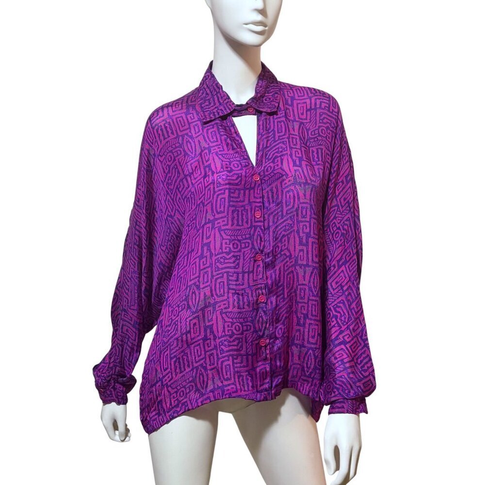 Vintage Chez Evanni Silk Blouse M OVERSIZE Keyhole Semi Sheer Tribal 100% Silk